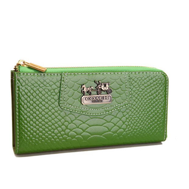Coach Madison Continental Zip In Croc Embossed Large Green Wallets AGG